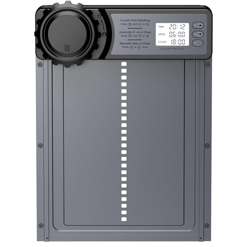 CHAMUTY Aluminum Automatische Hühnerklappe Batterie, Hühnerklappe Automatisch mit Wasserdicht Großes Display, Timer, Manuelle, Elektrische Hühnerklappe Hühnertür, Intelligenter Einklemmschutz, Grau von CHAMUTY