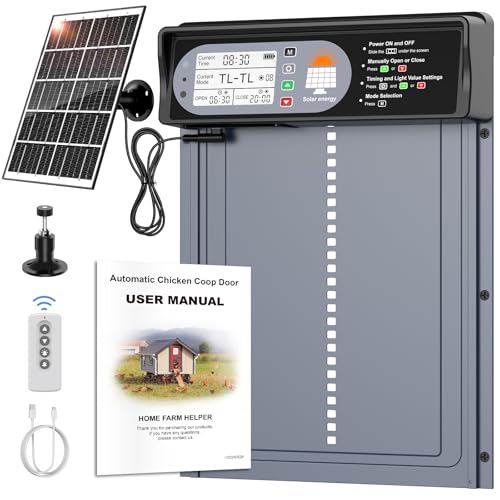 CHAMUTY Aluminum Automatische Hühnerklappe Solar, Hühnerklappe Automatisch mit LED Display, Lichtsensor, Timer, Fernbedienung, Elektrische Hühnerklappe Hühnerstalltür, Grau von CHAMUTY