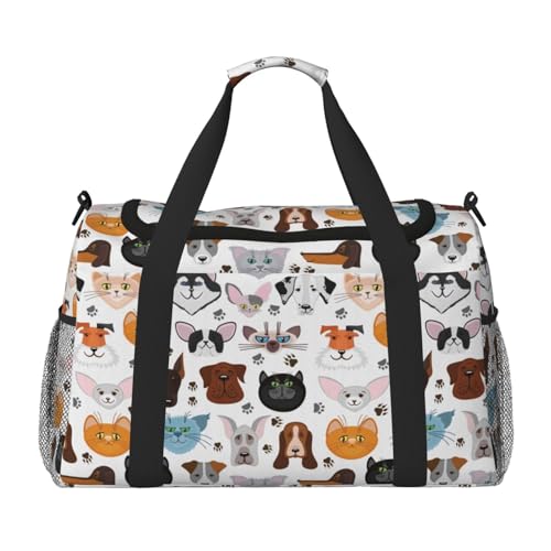 Reisetasche mit Cartoon-Katzen- und Hundemotiv für Damen und Herren, bedrucktes Polyester, Tragetasche mit Schultergurt, Schwarz , Einheitsgröße von CHANGLEI