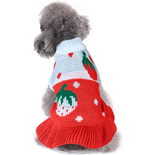 CHBORCHICEN Hundepullover für Haustiere, klassischer Strickpullover, Rollkragen, Winter, warme Welpenkleidung, niedlicher Erdbeer- und Herz-Hundepullover (Größe L, Dress-Red1) von CHBORCHICEN