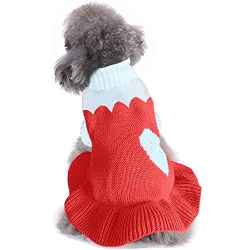 CHBORCHICEN Hundepullover für Haustiere, klassischer Strickpullover, Rollkragen, Winter, warme Welpenkleidung, niedlicher Erdbeer- und Herz-Pullover (M, Dress-Red2) von CHBORCHICEN