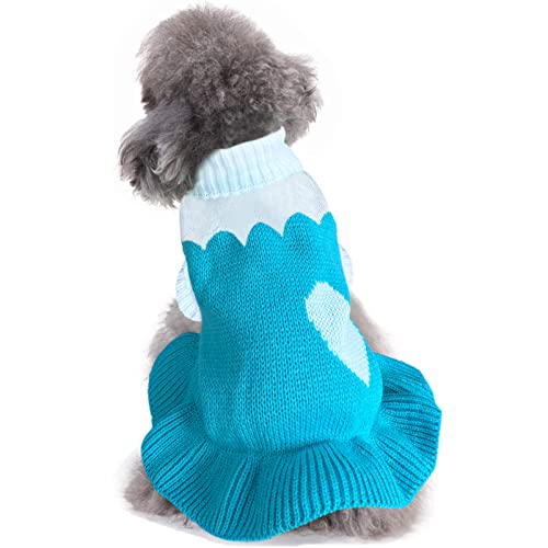 CHBORCHICEN Hundepullover für Haustiere, klassischer Strickpullover, Rollkragen, Winter, warme Welpenkleidung, niedlicher Erdbeer- und Herz-Pullover (S, Kleid-Himmelblau) von CHBORCHICEN