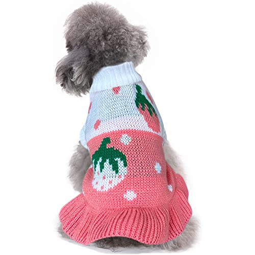 CHBORCHICEN Hundepullover für Haustiere, klassischer Strickpullover, Rollkragen, Winter, warme Welpenkleidung, niedlicher Erdbeer- und Herzpullover (Größe L, Kleid-Rosa) von CHBORCHICEN