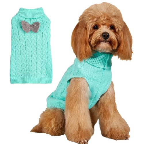 CHBORLESS Strickpullover für kleine Hunde, mit Schleife, Rollkragen, Welpen, Strickwaren, Pullover, Outfit, warme Haustier-Winterkleidung für kleine Hunde, Katzen (Größe M, Grün) von CHBORLESS