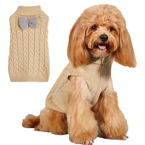 CHBORLESS Strickpullover für kleine Hunde, mit Schleife, Rollkragen, Welpen, Strickwaren, Pullover, Outfit, warme Haustier-Winterkleidung für kleine Hunde, Katzen (Größe M, Khaki) von CHBORLESS