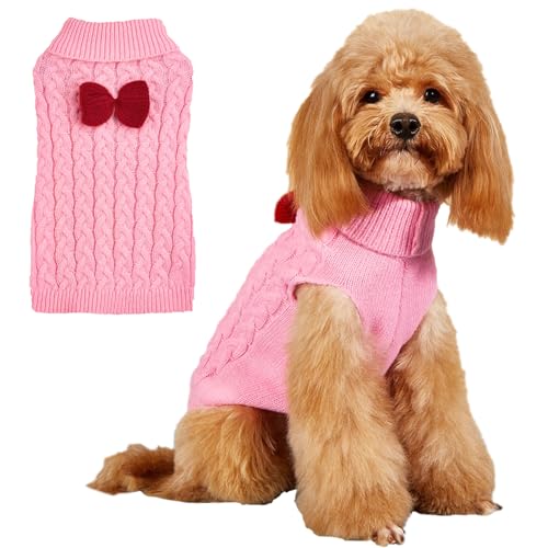 CHBORLESS Strickpullover für kleine Hunde, mit Schleife, Rollkragen, Welpen, Strickwaren, Pullover, Outfits, warme Haustier-Winterkleidung für kleine Hunde, Katzen (Größe M, Rosa 1) von CHBORLESS