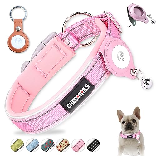 CHEERTAILS Airtag-Hundehalsband, reflektierend, 2 Stück, abnehmbares Hundehalsband, AirTag-Halter, verstellbares Airtag-Hundehalsband für kleine, mittelgroße und große Hunde, rosa von CHEERTAILS