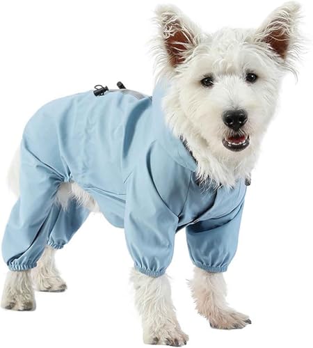 Hunde-Regenmäntel für kleine Hunde, Ganzkörper-Hunde-Regenjacke mit Kapuze, Verstellbarer Hunde-Poncho mit reflektierendem Hunde-Regenmantel mit Loch für die Leine,L,Blue von CHEKZ