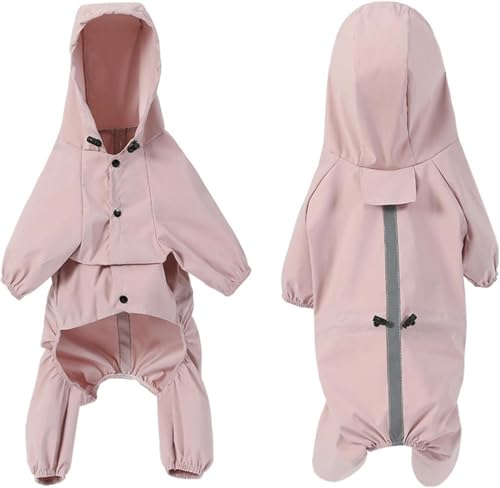 Hunde-Regenmäntel für kleine Hunde, Ganzkörper-Hunde-Regenjacke mit Kapuze, Verstellbarer Hunde-Poncho mit reflektierendem Hunde-Regenmantel mit Loch für die Leine,L,Pink von CHEKZ