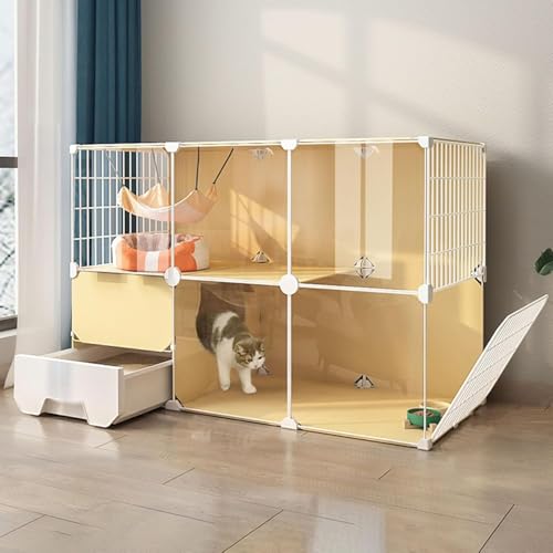 Indoor-Katzengehege, Katzenhütte, Laufstall für kleine Tiere, Käfig für kleine Tiere, DIY-Draht, tragbarer Hofzaun mit Tür, Katzennest (Farbe: Gelb, Größe: 107 x 47 x 72 cm) von CHEMYO