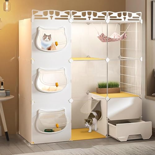 Katzenhütte, Katzenkäfig, Katzengehege für den Innenbereich, Katzenlaufstall für Katzen im Innenbereich, Katzenkäfig mit Katzentoilette, abnehmbarer Zwinger aus Metalldraht für 1–3 Katzen (G von CHEMYO