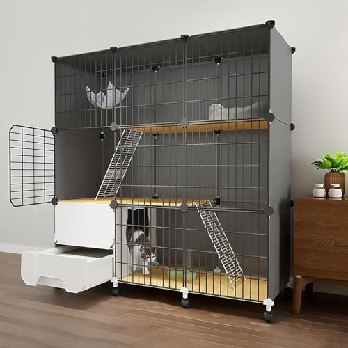 Katzenkäfig für den Innenbereich mit Katzentoilette, 3-stöckiger DIY-Katzenzaun, abnehmbare Katzenkiste, Metalldrahthütte, Innenkiste, Katzenhäuser, großer Übungsplatz, ideal für 1–3 Katzen von CHEMYO