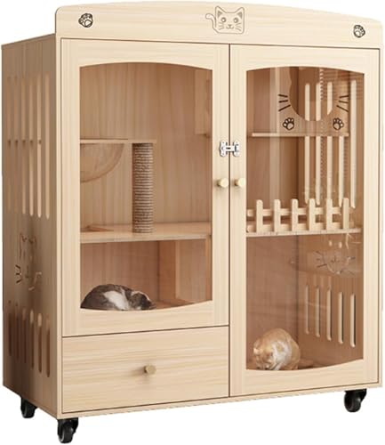 Katzenkäfige, Katzenkäfige für Hauskatzen, Katzenkäfige für den Innenbereich, Gehege für Katzen mit mehreren Funktionen, Katzenhaus aus Holz, großer Katzenkäfig mit Kratzbaum (Farbe: Kiefer von CHEMYO