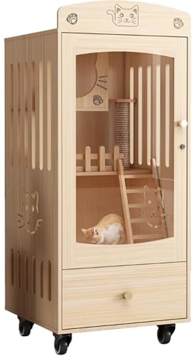 Katzenkäfige, Katzenkäfige für Hauskatzen, Katzenkäfige für den Innenbereich, Gehege für Katzen mit mehreren Funktionen, Katzenhaus aus Holz, großer Katzenkäfig mit Kratzbaum (Farbe: Kiefer von CHEMYO