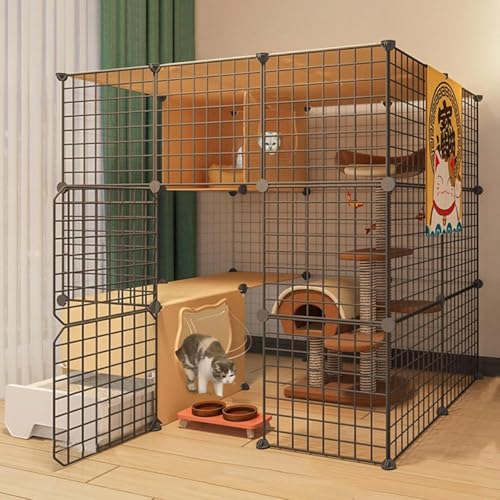 Katzenlaufstall, Katzenkäfig, selbstgebauter Kaninchenlaufstall für Haustiere mit Tür und geschlossener Katzentoilette, Kleintierkäfig für Kätzchen, Meerschweinchen, Hasen und Chinchillas, von CHEMYO