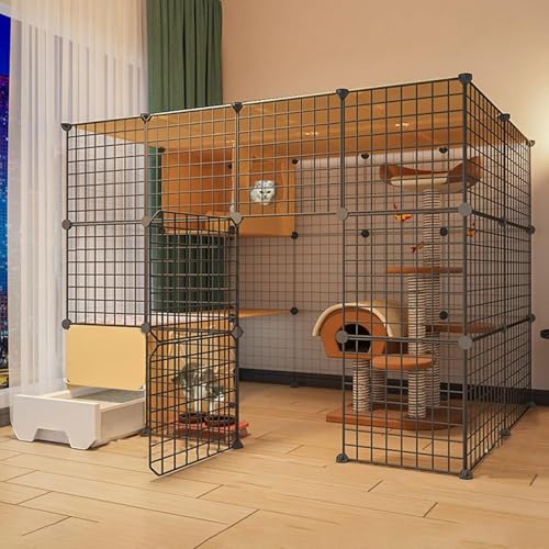 Katzenlaufstall, Katzenkäfig, selbstgebauter Kaninchenlaufstall für Haustiere mit Tür und geschlossener Katzentoilette, Kleintierkäfig für Kätzchen, Meerschweinchen, Hasen und Chinchillas, von CHEMYO