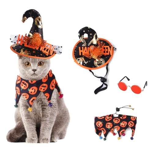 CHENGZI Haustier-Halloween-Kostüm, lustige Brille, Hexenumhang, Zaubererhut, 3 Stück, Haustierkostüm für kleine Katzen und kleine Hunde, Cosplay, Halloween-Party-Dekoration (orange) von CHENGZI