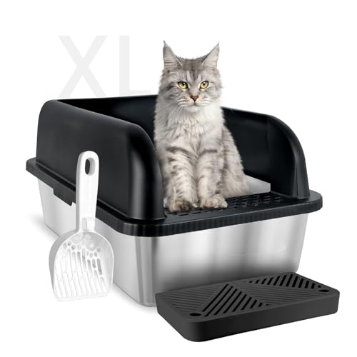 Chenove Enclosed XL Edelstahl-Katzentoilette, 30,5 cm hohe Seiten, Metall-Katzentoilette für große und mehrere Katzen, nicht klebrige Katzentoilette mit Deckel, einfache Reinigung, Katzentoilette mit von CHENOVE