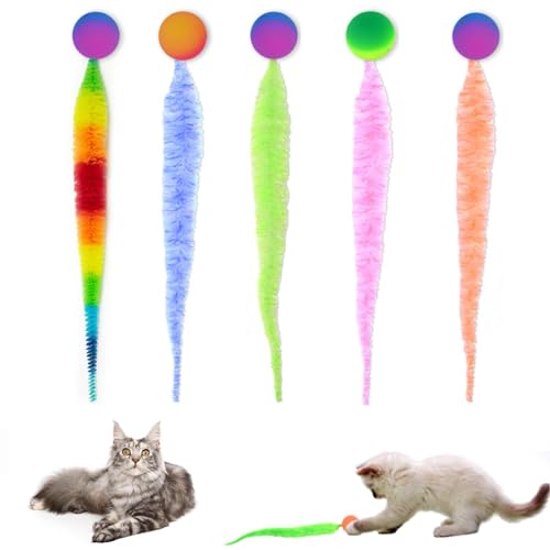 5 Stück Tapered Jiggle Ball for Cat, Katzenspielzeug Würmer Spielzeug, Bouncy Ball mit Schwanz Katzenspielzeug, Wurm Spielzeug Katze Wurm Teaser und Exerciser, Interaktive Katzenbälle-Zufällige Farbe von CHENRI