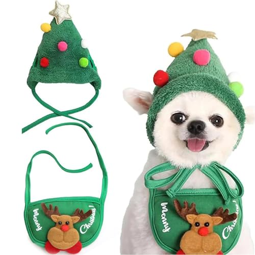 Adorable Christmas Tree Pom-Poms Hat, Haustier-Weihnachtskostüm, Katzen Hunde Weihnachtsmann-Mütze, Schal, Lustige Hunde Weihnachtsmütze, Haustier Kostüm Weihnachten für Hunde Katzen (Grün, M) von CHENRI