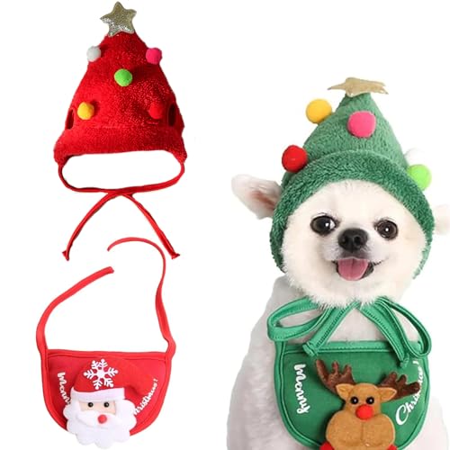 Adorable Christmas Tree Pom-Poms Hat, Haustier-Weihnachtskostüm, Katzen Hunde Weihnachtsmann-Mütze, Schal, Lustige Hunde Weihnachtsmütze, Haustier Kostüm Weihnachten für Hunde Katzen (Rot, M) von CHENRI