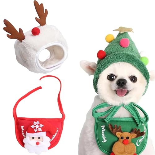 Adorable Christmas Tree Pom-Poms Hat, Haustier-Weihnachtskostüm, Katzen Hunde Weihnachtsmann-Mütze, Schal, Lustige Hunde Weihnachtsmütze, Haustier Kostüm Weihnachten für Hunde Katzen (Weiß, M) von CHENRI