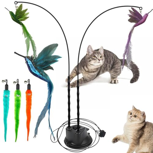 CHENRI Cat Teaser Toy Set, Interaktives Katzenspielzeug, Katzenangel, Katzenspielzeug Angel mit Federn, Vogel & Saugnapf, Lustige Katzenstab Spielzeug, Multifunktionales Katzenspielzeug für Katzen von CHENRI