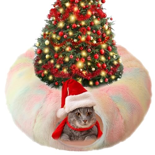 Cat Christmas Tree Skirt Tunnel, Weihnachten Katzentunnel, Katzentunnelbett mit zentraler weicher Matte, Katzentunnel Bett unter Weihnachtsbaum, Plüsch Katzenbett Katzenspielzeug für Katzen (Bunt) von CHENRI