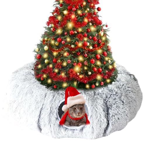 Cat Christmas Tree Skirt Tunnel, Weihnachten Katzentunnel, Katzentunnelbett mit zentraler weicher Matte, Katzentunnel Bett unter Weihnachtsbaum, Plüsch Katzenbett Katzenspielzeug für Katzen (Grau) von CHENRI