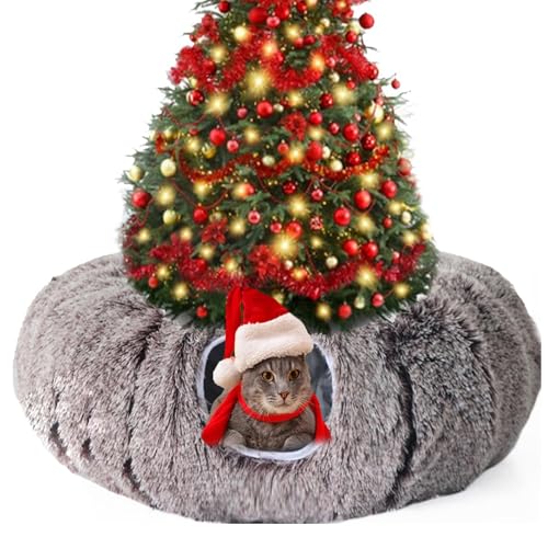 Cat Christmas Tree Skirt Tunnel, Weihnachten Katzentunnel, Katzentunnelbett mit zentraler weicher Matte, Katzentunnel Bett unter Weihnachtsbaum, Plüsch Katzenbett Katzenspielzeug für Katzen (Kaffee) von CHENRI