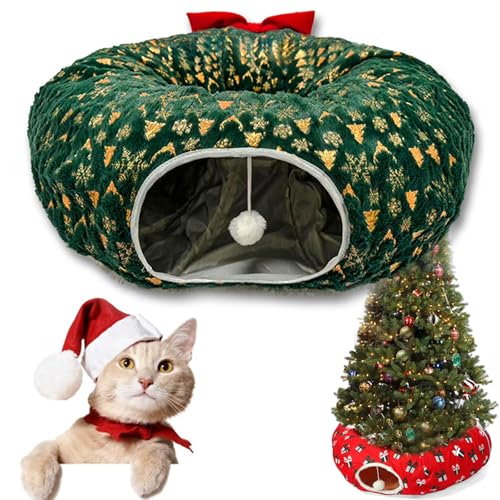 Christmas Tree Cat Tunnel, Katzentunnel für Weihnachtsbaum, Plüsch Katzentunnel Katzenbett, Katzentunnel Rund Mit Schlafplatz, Weihnachten Katzenspielzeug, Katzentunnelbett für Indoor Katzen (Grün) von CHENRI