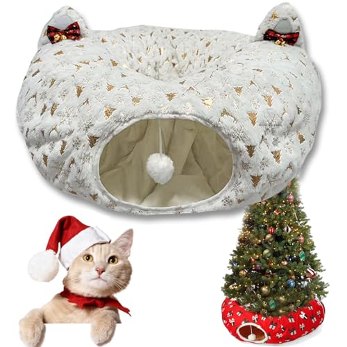 Christmas Tree Cat Tunnel, Katzentunnel für Weihnachtsbaum, Plüsch Katzentunnel Katzenbett, Katzentunnel Rund Mit Schlafplatz, Weihnachten Katzenspielzeug, Katzentunnelbett für Indoor Katzen (Weiß) von CHENRI