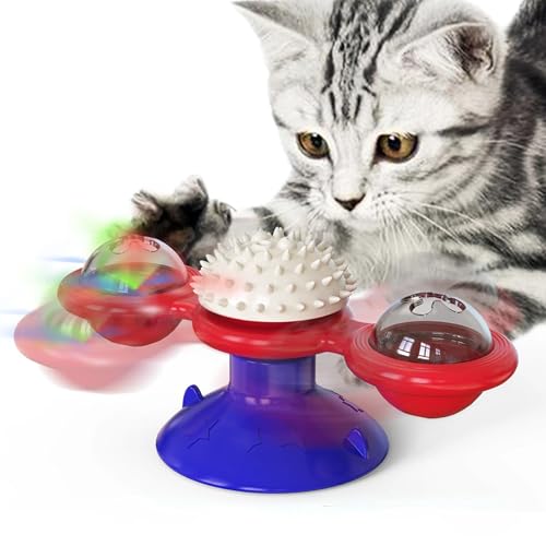 Interactive Windmill Cat Toys with Catnip, Interaktives Windmühlen Katzenspielzeug mit Katzenminze, Lustiges Katzenspielzeug mit LED-Leuchtball & Saugnapf, Drehbarer Katzenspielzeug für Katzen (Rot) von CHENRI