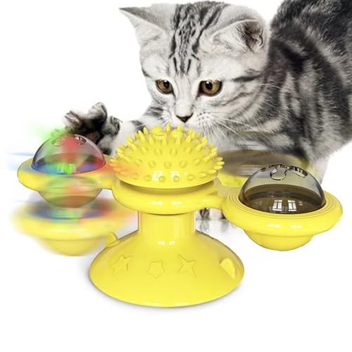 Interactive Windmill Cat Toys with Catnip, Interaktives Windmühlen Katzenspielzeug mit Katzenminze, Lustiges Katzenspielzeug mit LED-Leuchtball & Saugnapf, Drehbarer Katzenspielzeug für Katzen (Gelb) von CHENRI