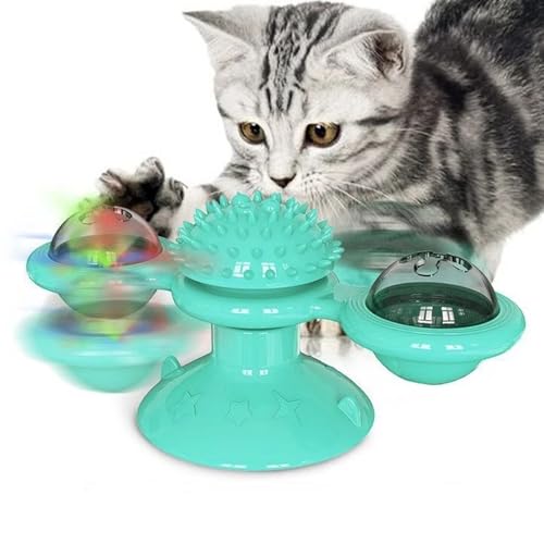 Interactive Windmill Cat Toys with Catnip, Interaktives Windmühlen Katzenspielzeug mit Katzenminze, Lustiges Katzenspielzeug mit LED-Leuchtball & Saugnapf, Drehbarer Katzenspielzeug für Katzen (Blau) von CHENRI