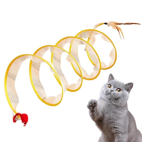 Self-Play Cat Hunting Spiral Tunnel Toy, Selbstspielendes Katzenspielzeug mit Spiraltunnel, Faltbarer Katzentunnel S Katzen Tunnel mit Federspielzeug, Katzenspielzeug Interaktives für Katzen (Gelb) von CHENRI