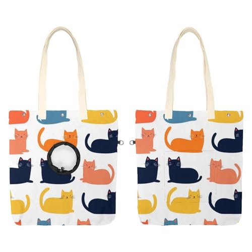 Bunte Katzen (2) Haustier-Schultertasche aus Segeltuch, niedliche Katzentragetasche, Handtasche, tragbare Tragetasche für kleine Tiere, Outdoor-Reisen von CHENZZZZ