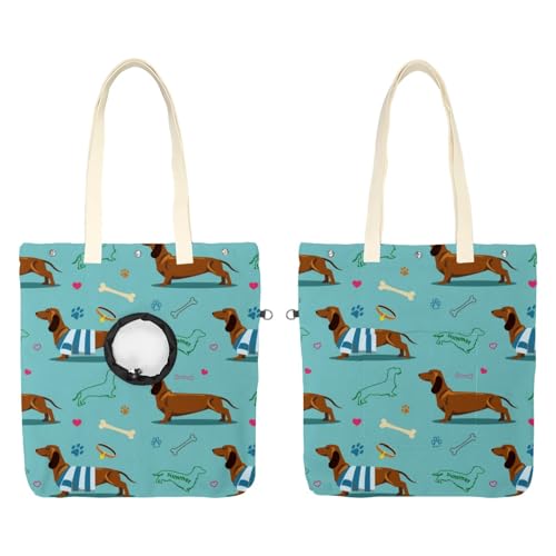 CHENZZZZ Braune Dackel Hund Blau Haustier Canvas Schultertasche Niedliche Katze Tragetasche Tragbare Tragetasche Hund Tote Bag für Kleintierbedarf Outdoor Reisen von CHENZZZZ