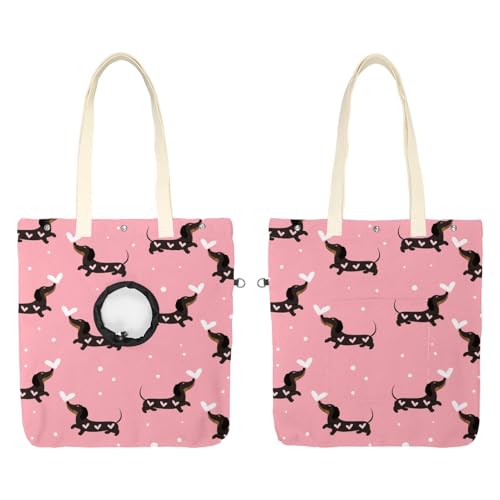 CHENZZZZ Dackel Hunde und Herzen Haustier Canvas Schultertasche Niedliche Katze Tragetasche Handtasche Tragbare Tragetasche Hund Tragetasche für Kleintierbedarf Outdoor Reisen von CHENZZZZ