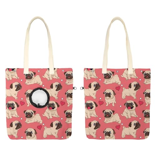 CHENZZZZ Rosa Mops Hund Haustier Schultertasche Canvas Schultertasche Hundetrage Tragbare Katze Kleine Tote Brusttasche von CHENZZZZ