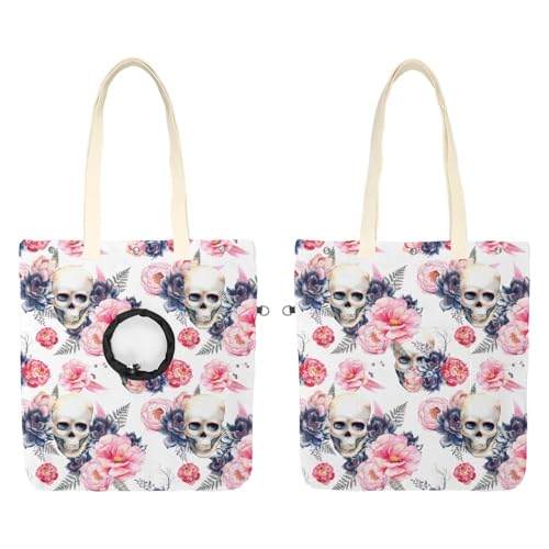 CHENZZZZ Schultertasche aus Segeltuch, Motiv: Totenkopf und Pfingstrosen, Motiv: Aquarell-Totenkopf und Pfingstrosen, niedliche Katzentragetasche, tragbare Tragetasche für kleine Tiere, Outdoor-Reisen von CHENZZZZ