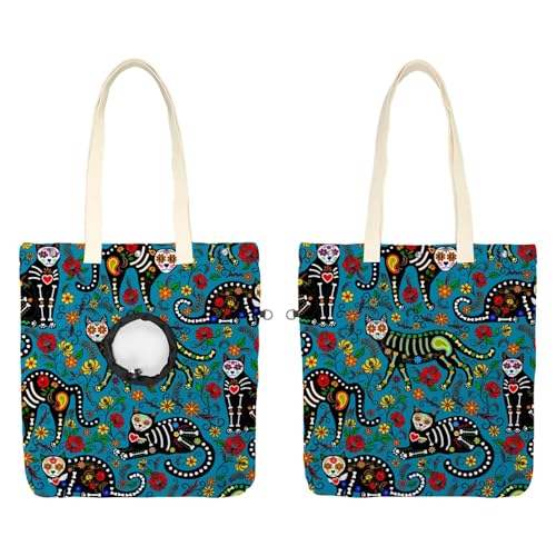 CHENZZZZ Sugar Skull Schwarze Katzen Haustier Schultertragetasche Canvas Schultertasche Hundetrage Tragbare Katze Kleine Tote Brusttasche von CHENZZZZ