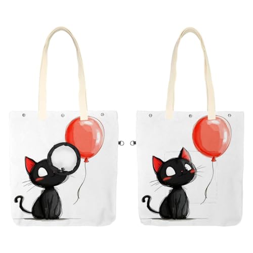 Cartoon schwarze Katze mit rotem Ballon (2) Haustier Canvas Schultertasche Niedliche Katze Tragetasche Handtasche Tragbare Tragetasche Hund Tragetasche für Kleintierbedarf Outdoor Reisen von CHENZZZZ