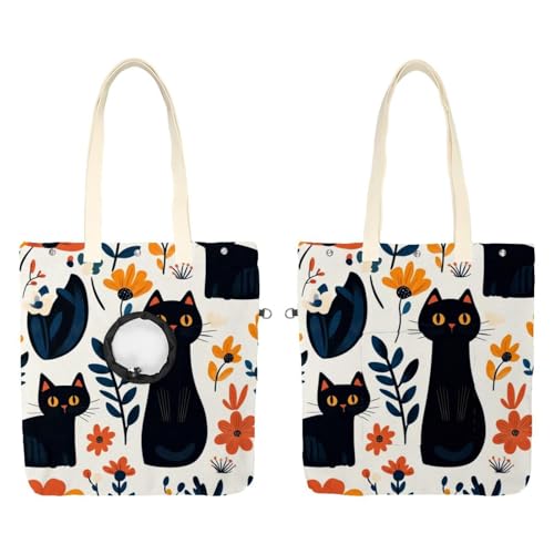 Niedliche schwarze Katzen Blumen (1) Haustier Schultertragetasche Canvas Schultertasche Hundetrage Tragbare Katze Kleine Tote Brusttasche von CHENZZZZ