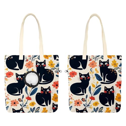 Niedliche schwarze Katzen und Blumen (11) Haustier-Schultertasche aus Segeltuch, niedliche Katzentragetasche, Handtasche, tragbare Tragetasche, für kleine Tiere, Outdoor-Reisen von CHENZZZZ