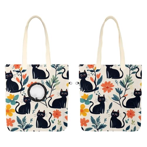 Niedliche schwarze Katzen und Blumen (13) Haustier-Schultertasche aus Segeltuch, niedliche Katzentragetasche, Handtasche, tragbare Tragetasche, für kleine Tiere, Outdoor-Reisen von CHENZZZZ