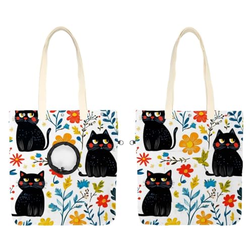 Niedliche schwarze Katzen und Blumen (15) Haustier-Schultertasche aus Segeltuch, niedliche Katzentragetasche, Handtasche, tragbare Tragetasche für kleine Tiere, Outdoor-Reisen von CHENZZZZ