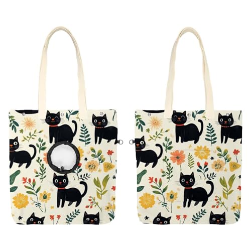 Niedliche schwarze Katzen und Blumen (16) Haustier-Schultertasche aus Segeltuch, niedliche Katzentragetasche, Handtasche, tragbare Tragetasche, für kleine Tiere, Outdoor-Reisen von CHENZZZZ