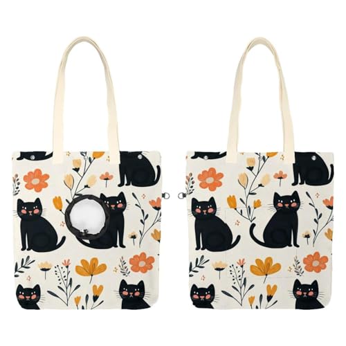 Niedliche schwarze Katzen und Blumen (17) Haustier-Schultertasche aus Segeltuch, niedliche Katzentragetasche, Handtasche, tragbare Tragetasche, für kleine Tiere, Outdoor-Reisen von CHENZZZZ