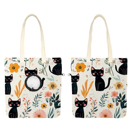 Niedliche schwarze Katzen und Blumen (21) Cat Out Tasche, freihändiger Show-Kopf-Katzen-Tragetasche, Katzenhalte-Schultertasche für Outdoor-Reisen von CHENZZZZ